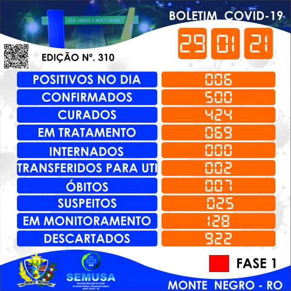 EDIÇÃO 310 - BOLETIM COVID-19 MONTE NEGRO 29-01-2021